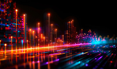 Poster - Futuristic Technicolor Stocks Arrow Illustration with Vibrant Neon Lights and Graphical Elements, Night Setting, Financial Growth, and Data Visualization Theme
