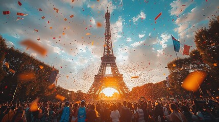 Victorious Olympic Runner Celebrating in Paris, Eiffel Tower Background, French Flags, Joyful Crowd, Confetti, Sunny Day