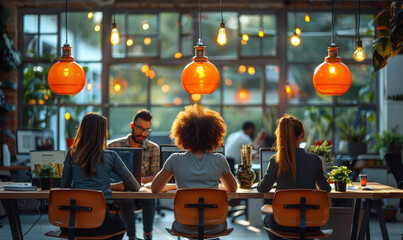 Poster - Modern Office with Diverse Team Collaborating Under Warm Industrial Lighting, Daytime Productivity in Creative Work Environment
