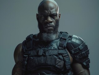 Wall Mural - Medium shot of A huge muscular bald black special forces soldier with a beard in a bulletproof vest and black fingerless gloves, themed background 