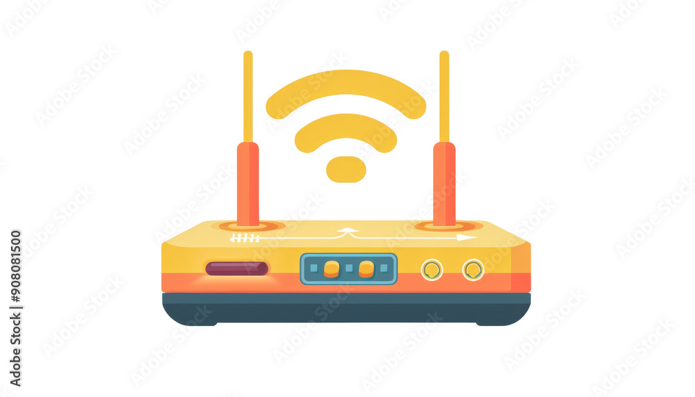 A yellow wifi router with a wifi symbol above it. The router has four ...