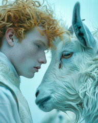 A Gentle Encounter Between a Young Man and a White Goat in a Tranquil Setting