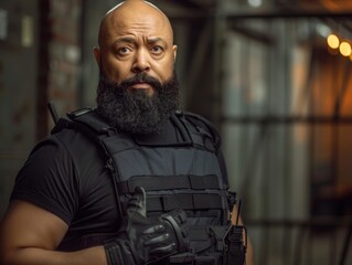 Wall Mural - Medium shot of A huge muscular bald black special forces soldier with a beard in a bulletproof vest and black fingerless gloves, themed background 