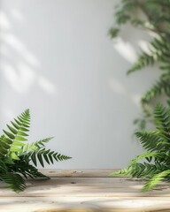 Poster - Minimalist white background with green fern leaves on a wooden table, creating a serene and natural aesthetic in the room.