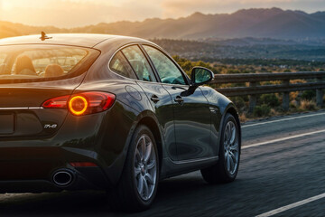 The image shows a black car with red brake lights driving on a road during sunset. The car is shiny and has a bright light on the back