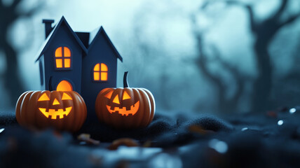 Halloween scene with small houses, Jack-o'-Lantern and bare trees in the background, creating an eerie atmosphere with blue and gray twilight lighting. cartoon style. 