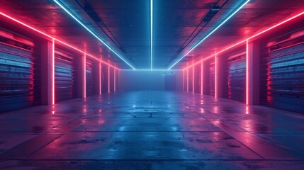 Poster - Neon light garage interior with dark background and colorful lighting at night