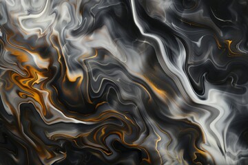 Poster - Abstract background wallpaper, swirling liquid on a black background, a pattern lines in white, dark brown, light gray, and yellow colors, made from resin.