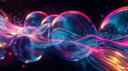 Poster - Abstract soap bubbles with colorful light on dark water background