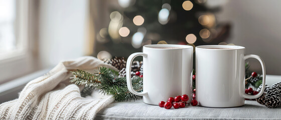 Happy new year or Christmas mockup. Ceramic white cup or mug with hot chocolate, foam, coffee, tea with decorations on christmas background. Cozy wintertime leisure. Generative ai