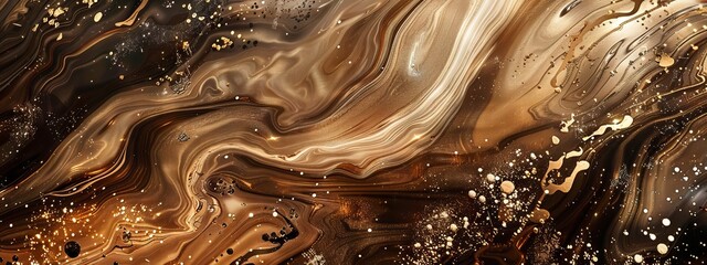 Abstract background wallpaper, swirling mix of gold and brown hues, with splashes of glittering particles, creating the appearance of liquid metal flowing through space