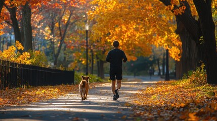 A man and his dog are running on a path in the fall