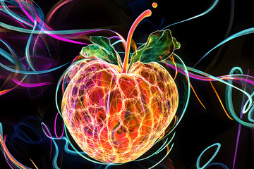 Wall Mural - Abstract neon illustration of a medlar fruit isotated on black background.