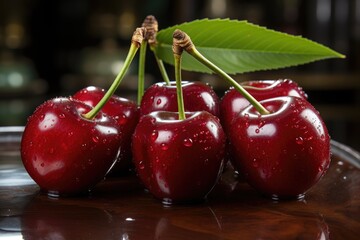 Three tasty cherries with wooden bottom, generative IA