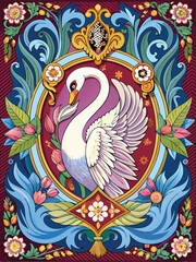 Naklejka na meble Ornate Floral Frame with a Majestic Swan