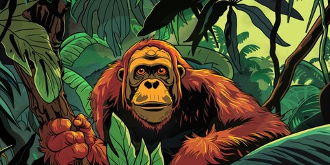 Wall Mural - Colorful Illustration of Orangutan in Jungle