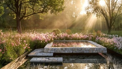 Wall Mural - A large flat rectangular stone slab in the center of an idyllic outdoor garden with pink flowers.