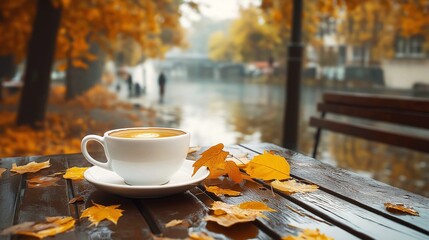 A cup of hot coffee on a wooden table of a street cafe, autumn leaves. Against the backdrop of a cityscape with rain, seasonal atmosphere.