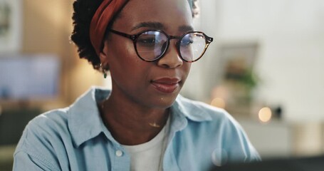 Poster - Home, remote work and black woman with glasses by laptop for network, research and creative project. Small business, entrepreneur and person with tech for affiliate marketing, review and web traffic