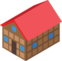 Poster - Isometric wooden house with red roof presenting a sustainable building solution for architectural visualization