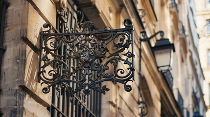 Close-up of a charming street sign with intricate ironwork and French street names