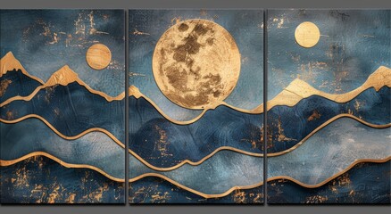 Wall Mural - An abstract marbled ink wall art set in blue and gold