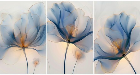 Wall Mural - This set of three abstract botanical wall art panels features blue and orange translucent flowers