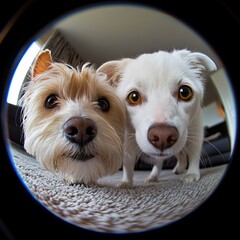 A couple of dogs looking at the camera through a fisheye lens