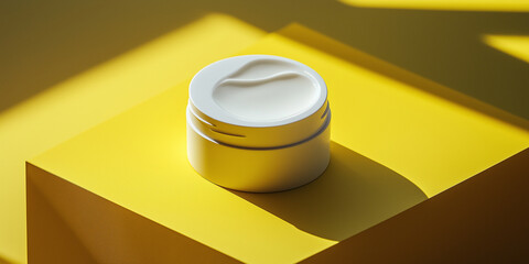 Poster - White cosmetic jar sitting on yellow surface with harsh shadows