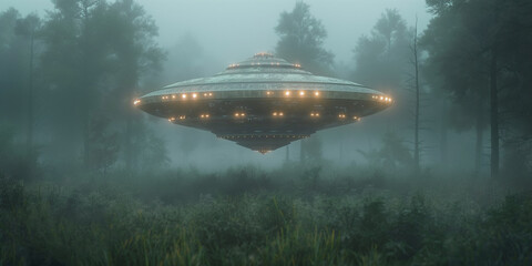 Aufkleber - Large glowing ufo hovering over a foggy forest clearing at night