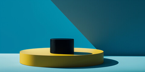 Aufkleber - Black cylinder standing on a yellow podium on a blue background