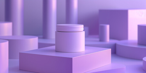 Aufkleber - White cosmetic jar standing on purple podium in abstract geometric scene