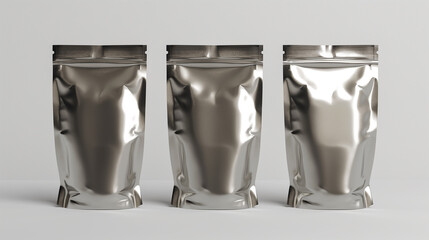 Poster - Three blank metallic doypack pouches standing up on white background
