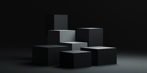 Aufkleber - Black cubes forming a stage in a dark studio
