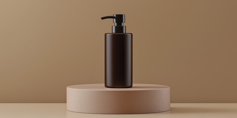 Poster - Brown cosmetic pump bottle dispenser is standing on a round podium