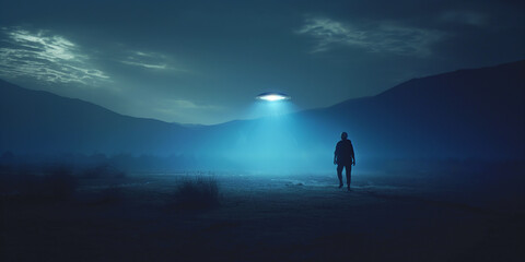 Aufkleber - Man walking towards alien spaceship hovering over empty field at night