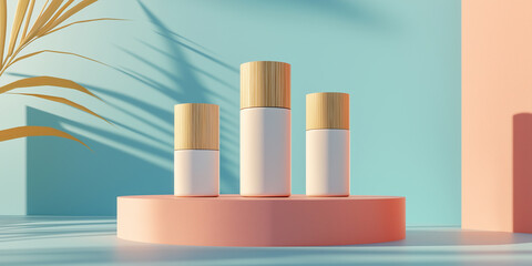 Poster - Cosmetic bottles standing on pink podium for branding mockup