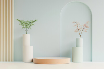 Poster - Minimalistic interior design with podium and plants for product placement