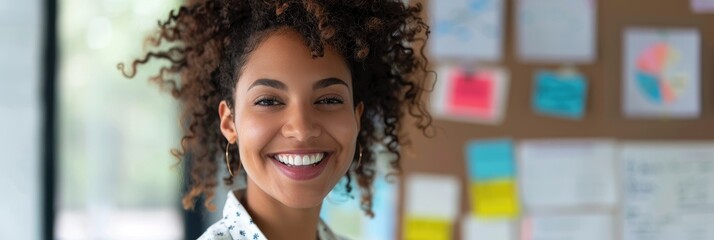 Poster - Woman in office smiling at whiteboard during strategy and planning meeting Project manager leading team in collaboration for business growth
