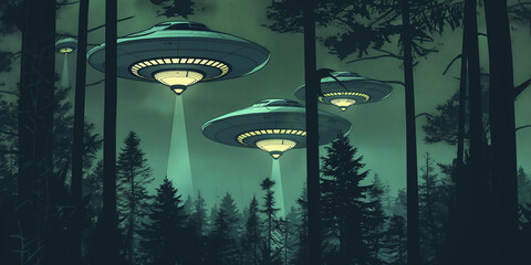 Aufkleber - Ufos flying over a forest at night projecting light beams