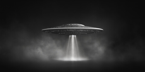 Aufkleber - Alien ufo spaceship hovering over dark foggy landscape