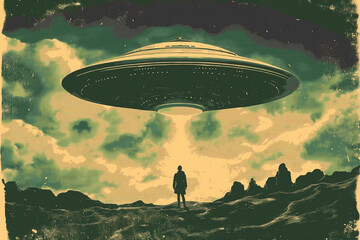 Aufkleber - Retro style illustration of a man witnessing a ufo encounter