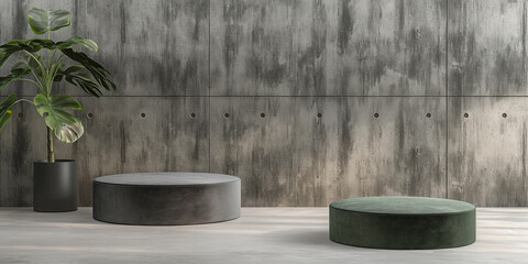 Poster - Minimalist interior with empty podiums and potted plant displaying products