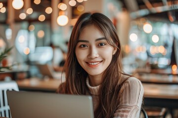 Thoughtful ethnic businesswoman smiling while working on a laptop, Generative AI