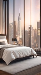 Wall Mural - Spacious bedroom with king sized bed overlooking city skyline Large bed in bedroom with panoramic city view Bedroom featuring big bed and stunning cityscape view 4k animation