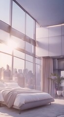 Wall Mural - Spacious bedroom with king sized bed overlooking city skyline Large bed in bedroom with panoramic city view Bedroom featuring big bed and stunning cityscape view 4k animation