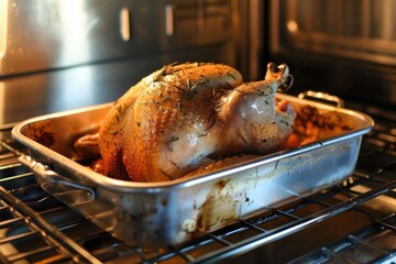 Wall Mural - Cook A Turkey. Roasting Thanksgiving Holiday Bird in Oven Pan