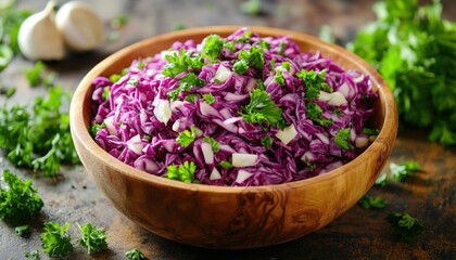 Poster - A wooden bowl holds a vibrant purple cabbage salad resting on a sturdy wooden table