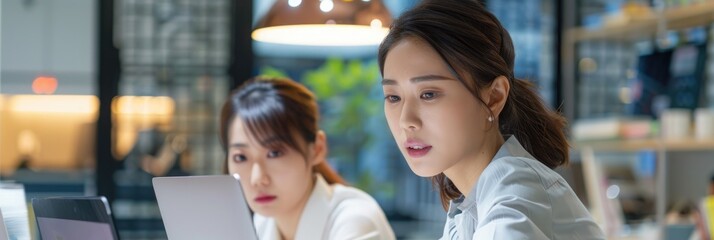 Poster - Two attractive Asian millennial businesswomen or female office workers gazing at laptop screen in office setting