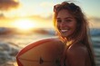 © Kevin - Adventurous female surfer having fun at the beach in summer, Generative AI